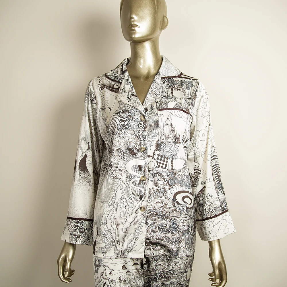 Maison Gabrielle Floral Printed Satin Pajamas Set Women Loungewear 2Pcs Long-Sleeve Stretchy Loose Luxury Nightwear Sleepwear