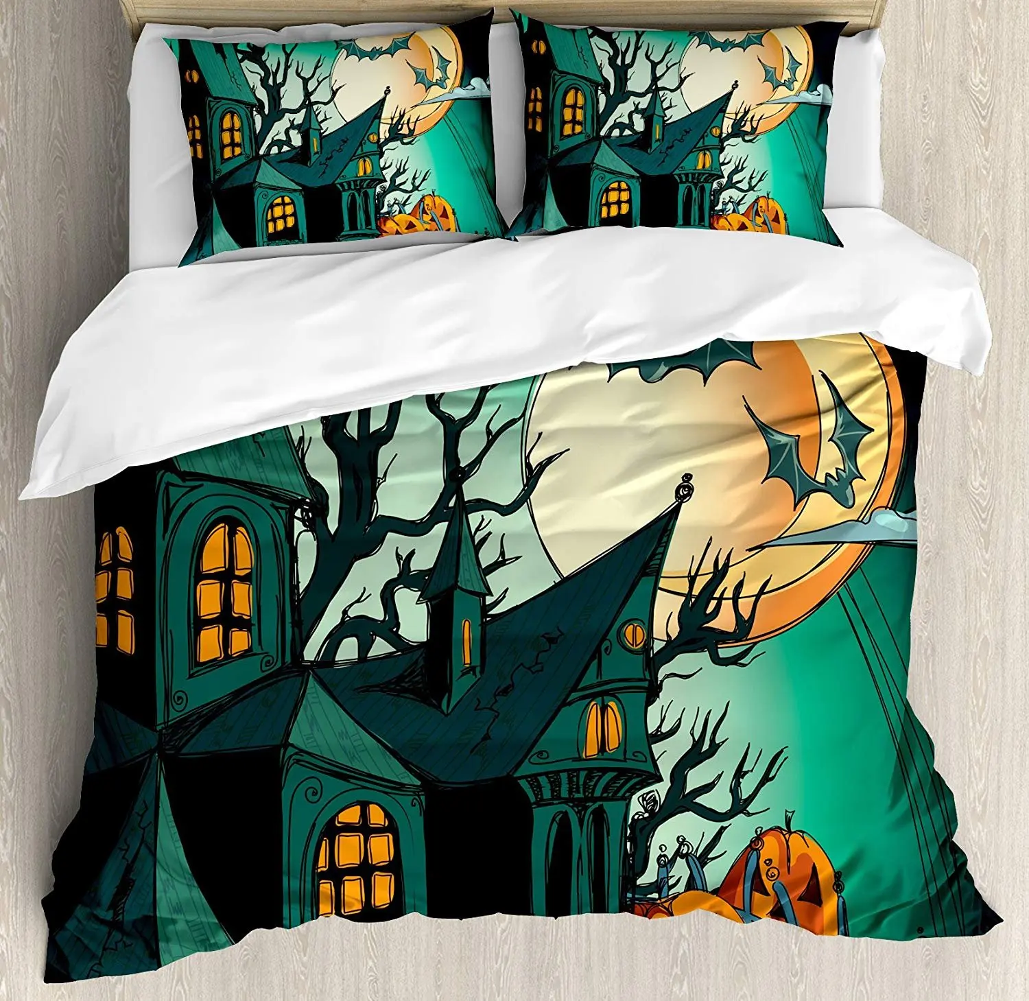 

Halloween Bedding Set Haunted Medieval Cartoon Style Bats in Twilight Gothic Fiction Spooky Art Duvet Cover Pillowcase Bed Set