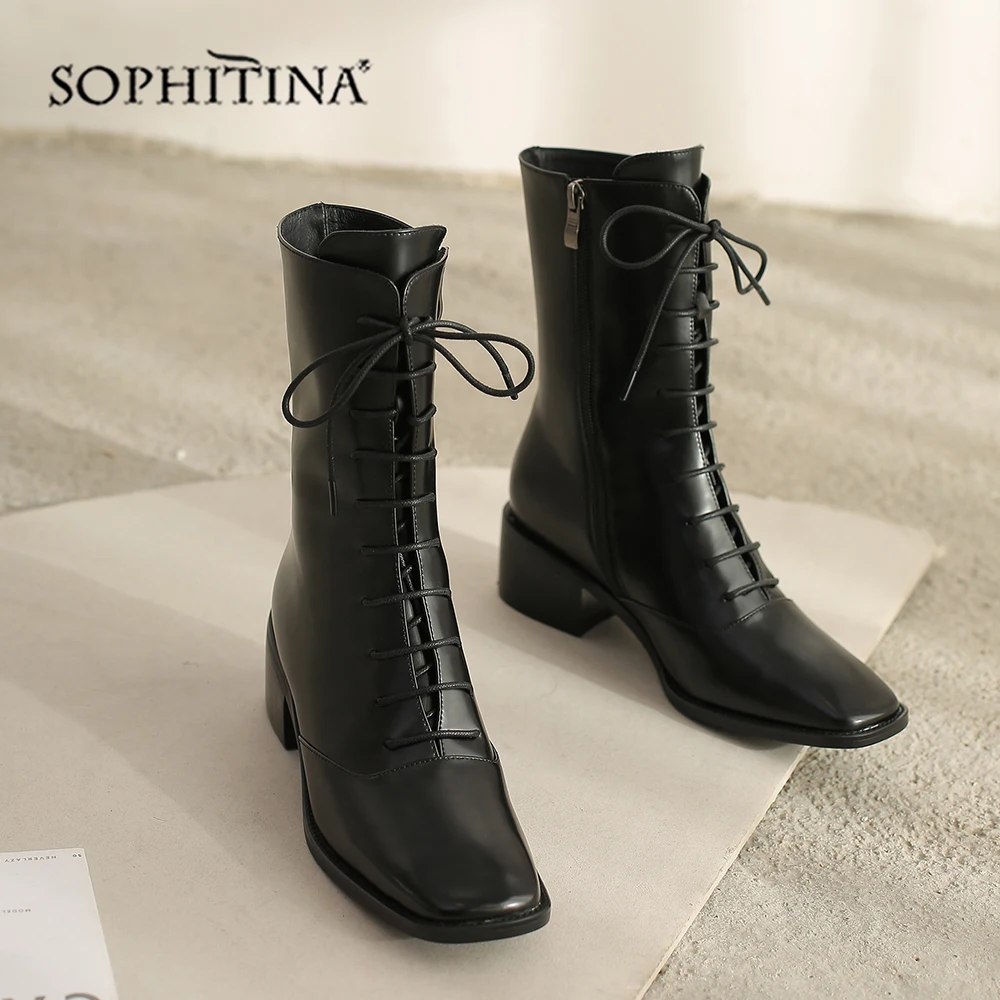 SOPHITINA/удобные ботинки с квадратным носком; модная женская обувь из высококачественной лакированной кожи на квадратном каблуке; ботинки на шнуровке; SO254