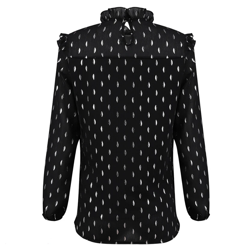 Loose Chiffon Black Blouse Women Long Sleeve Polka Dot Tops Tee Shirt Femme Ladies Transparent High Neck Kimono Shirts | Женская одежда