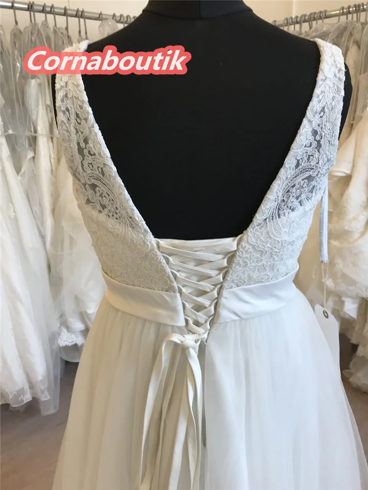 

Real Pictures Tea-length Wedding Dress V Neck Low Back Lace Up Plus Size Vestidos De Noiva Bridal Dress Lace Appliques Bodice