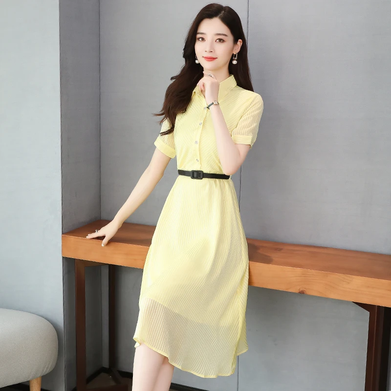 

women's clothing new summer fashion striped turn-down collar dress vintage belt button short sleeves dresses female