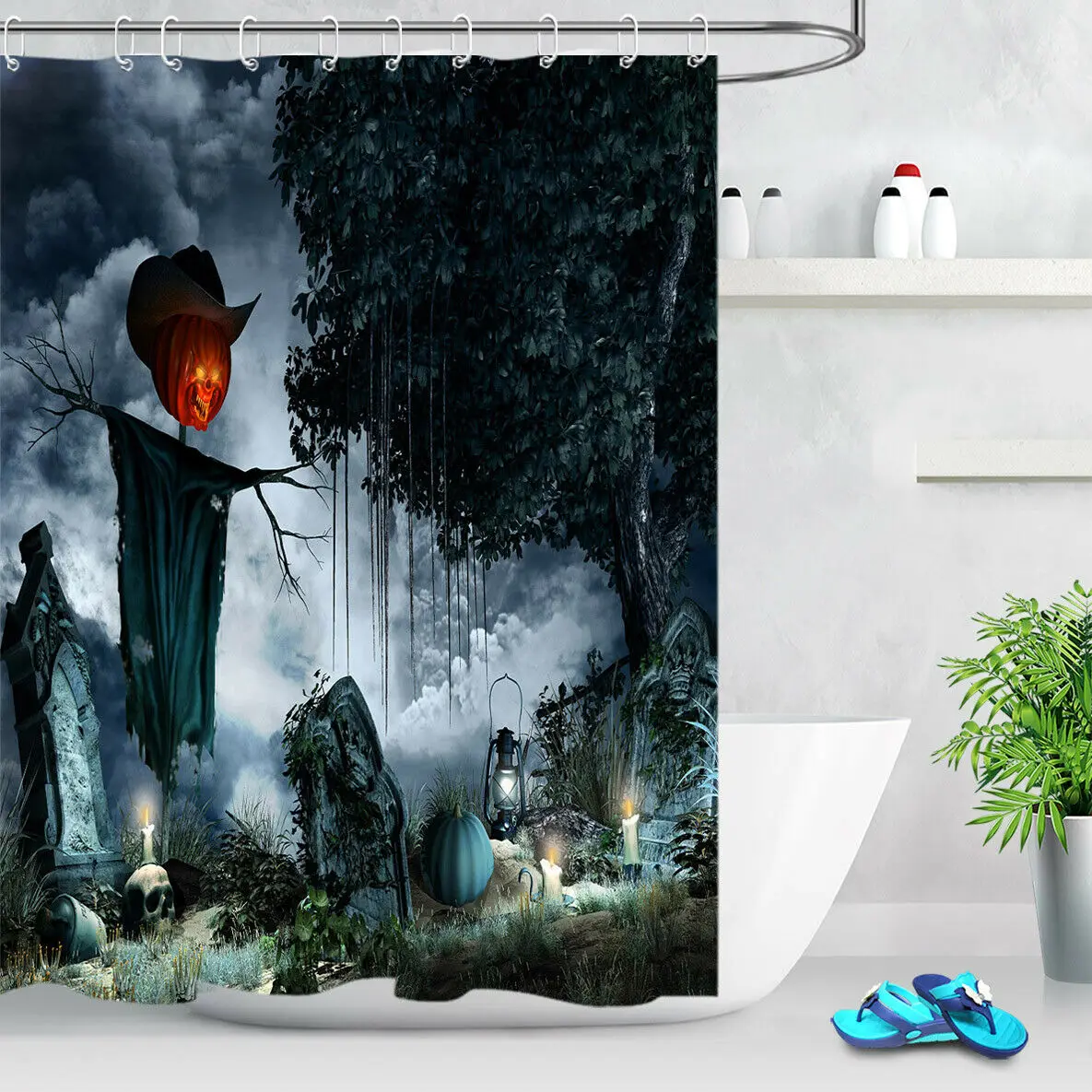 

Halloween Scenery Shower Curtain Tombstones Candles Horror Scarecrow