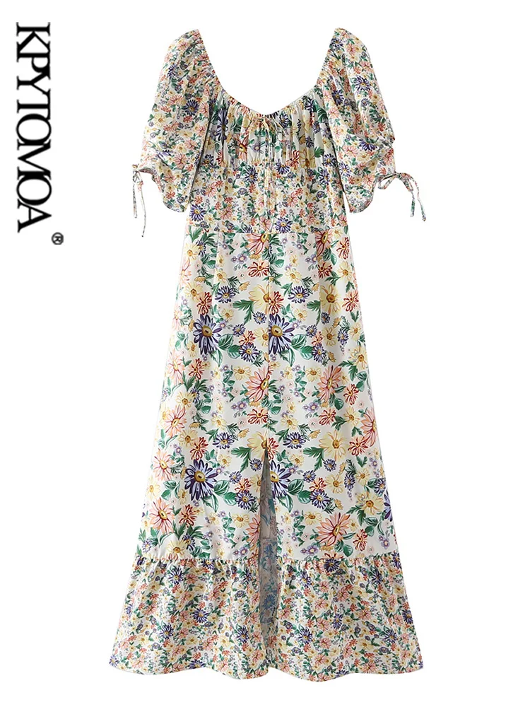 

KPYTOMOA Women Fashion Floral Print Front Slit Midi Dress Vintage Short Sleeve With Tied Female Dresses Vestidos Mujer