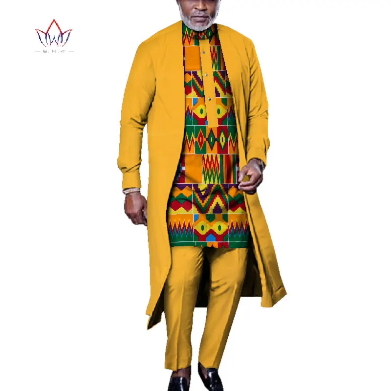 Bazin Riche Men 3 Pieces Pants Sets African Design Clothing African Clothes Casual Men Long Top Shirts and Pants Sets WYN925
