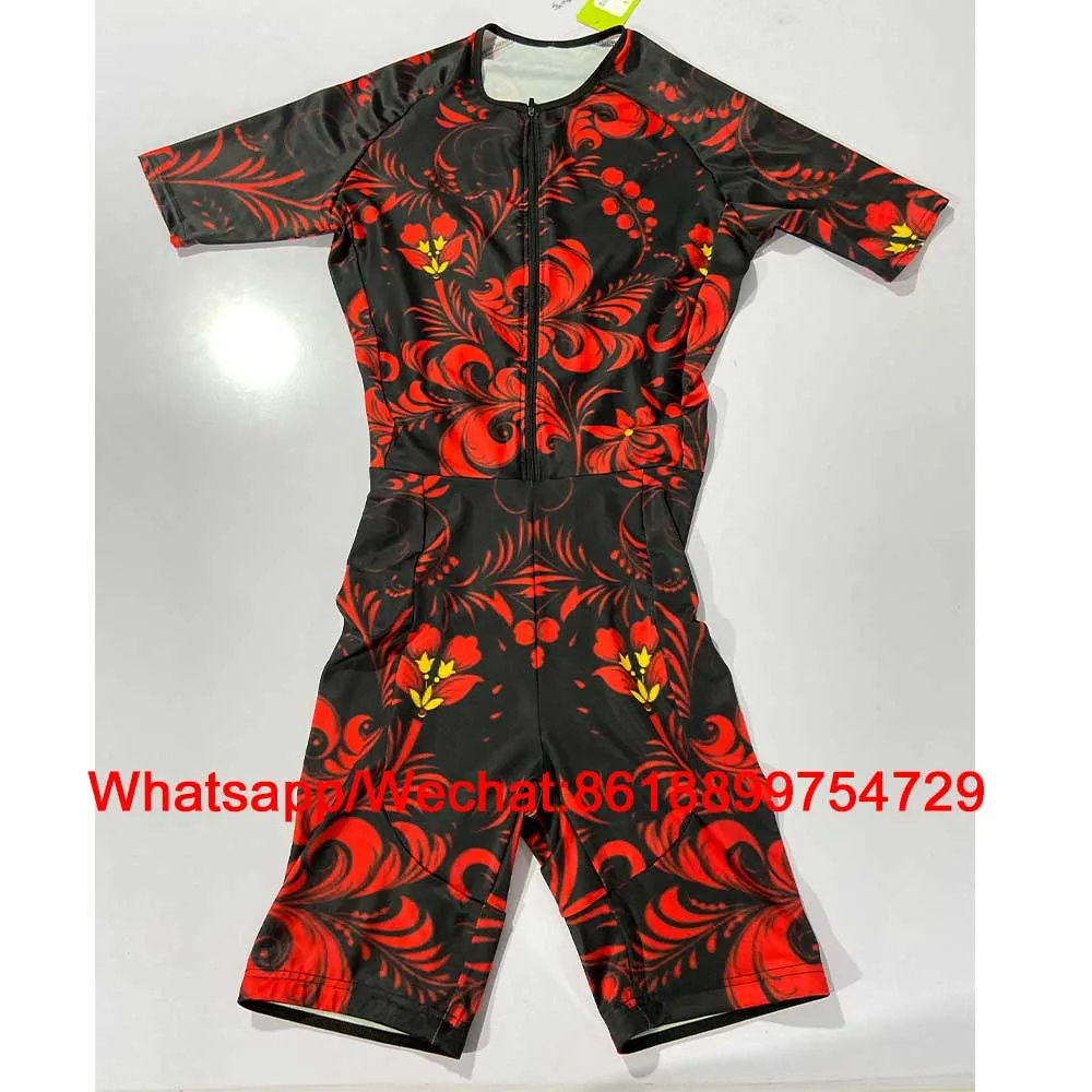 cycling skinsuit custom red flower one-piece triathlon suit bicycle speedsuit bike tri suit running gear jumpsuit ropa ciclismo