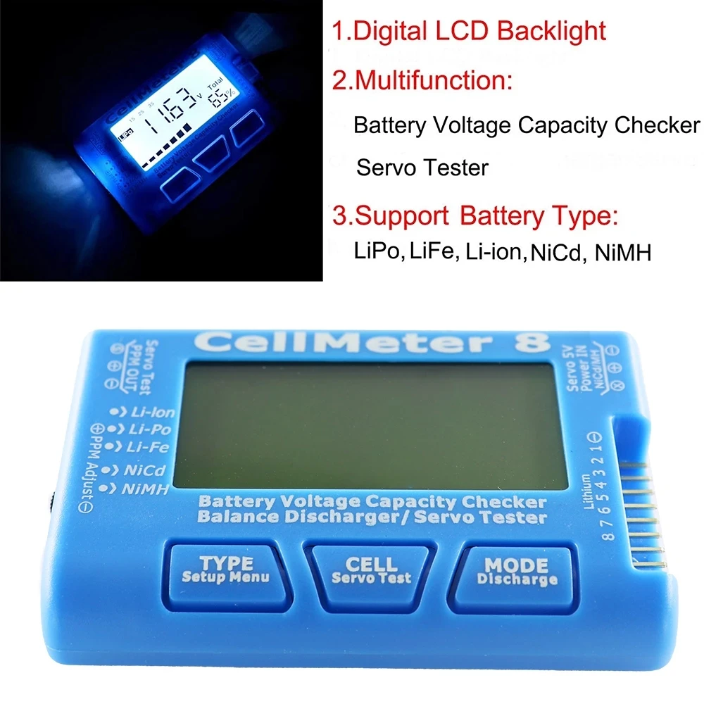ЖК-дисплей цифровой Батарея ёмкость Checker RC CellMeter 8 жизни Li-Ion Nicd NiMH батарея тестер