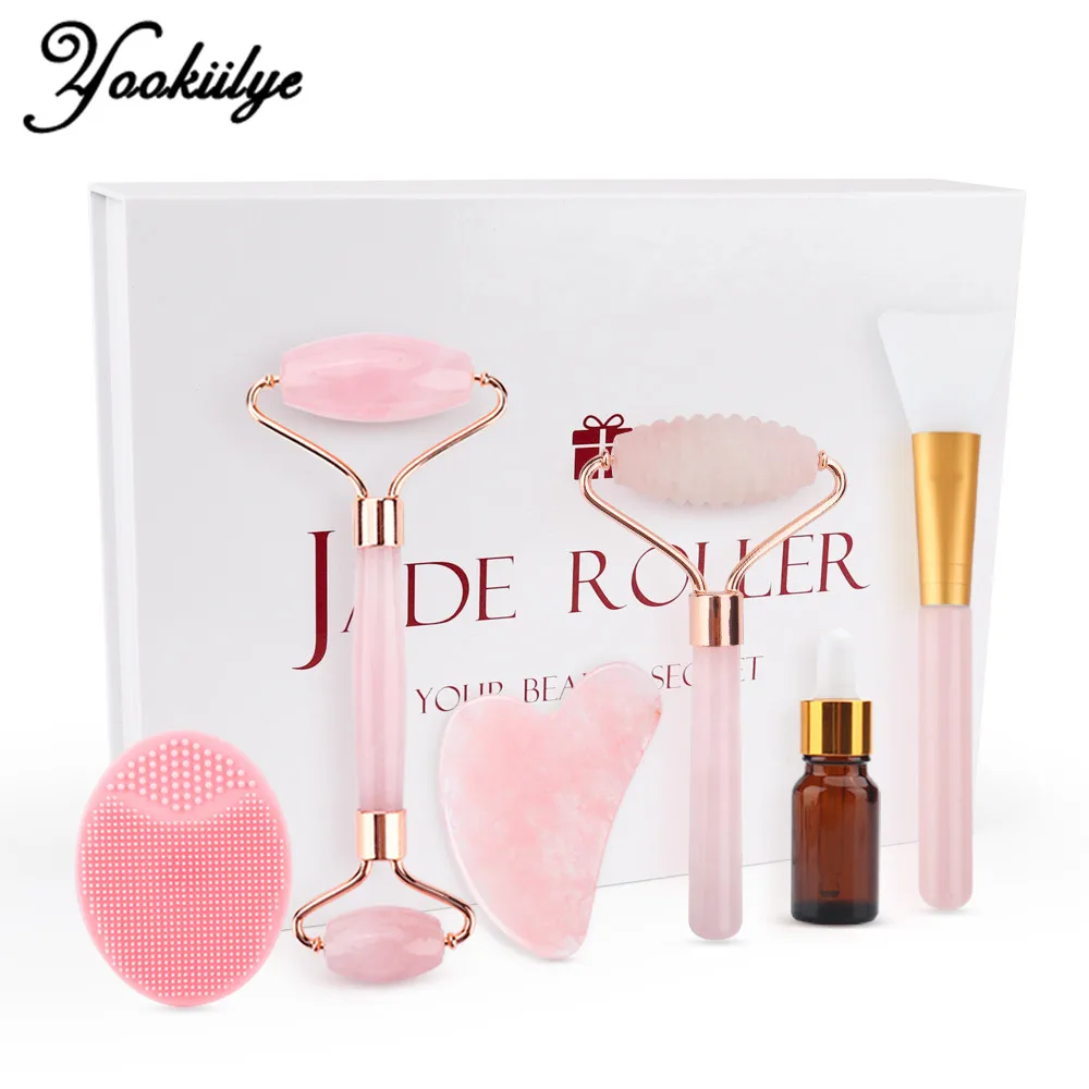 

Rose Quartz Jade Roller Gua Sha Scraper Set Facial Massage Roller Face Slimming Wrinkle Removal Skin Care Tools with Gift Box