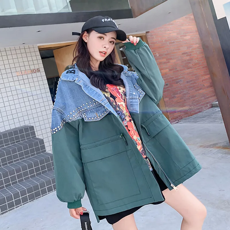 

New Plus Size Spring Autumn Women Coat Casual Loose Rivet Hole Jeans Patchwork Letter Fashion Trench Coat For Women Outerwear