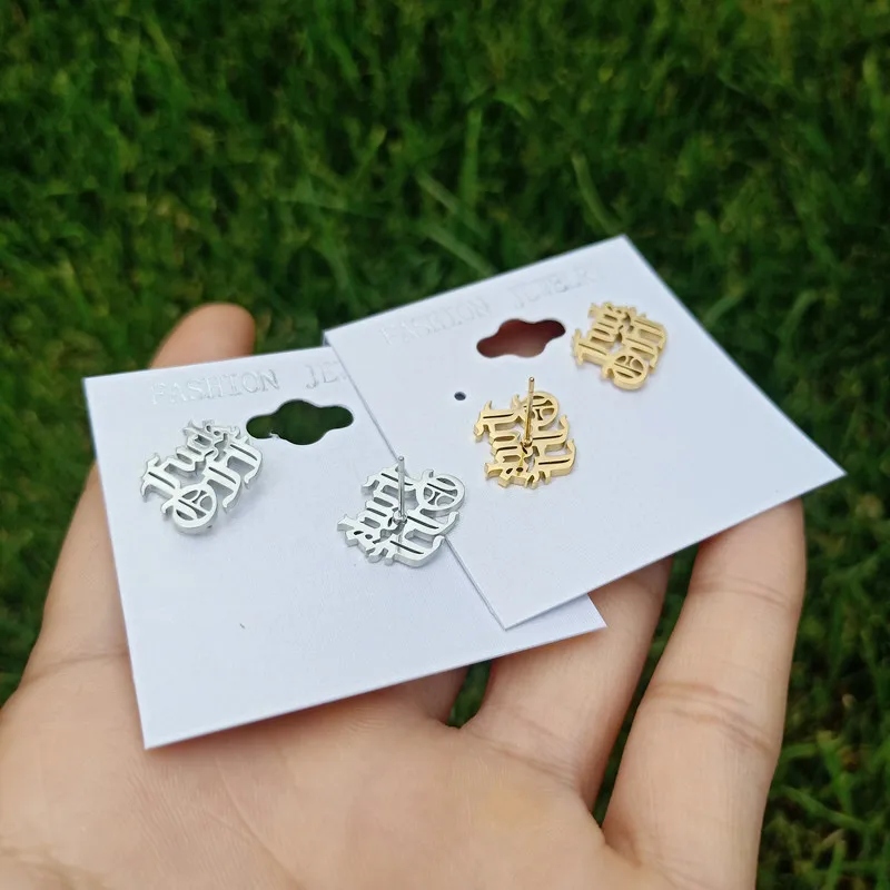 

Hot Girl Punk Jewelry Stainless Steel Old English F Off Letter Earring For Women Bijoux Femme Gold Ear Studs Accessories