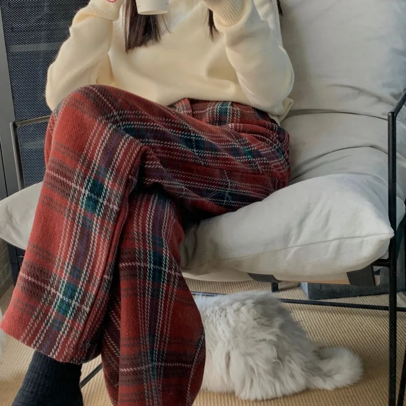 

Autumn and winter new Harajuku style straight loose high waist red plaid wool casual pants