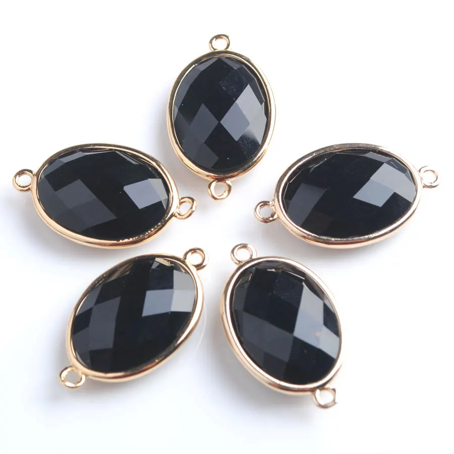 

10pcs Shiny Oval Faceted Natural Black Agates Stone Beads Two Hole Connector for Female Homme Jewelry Making PZ9065