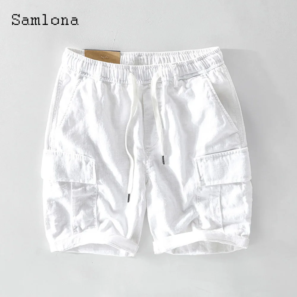 Samlona Plus Size 3xl Men Fashion Leisure Shorts 2021 Elastic Waist Crimping Shorts Male Casual Stand Pocket Beach Short Pants
