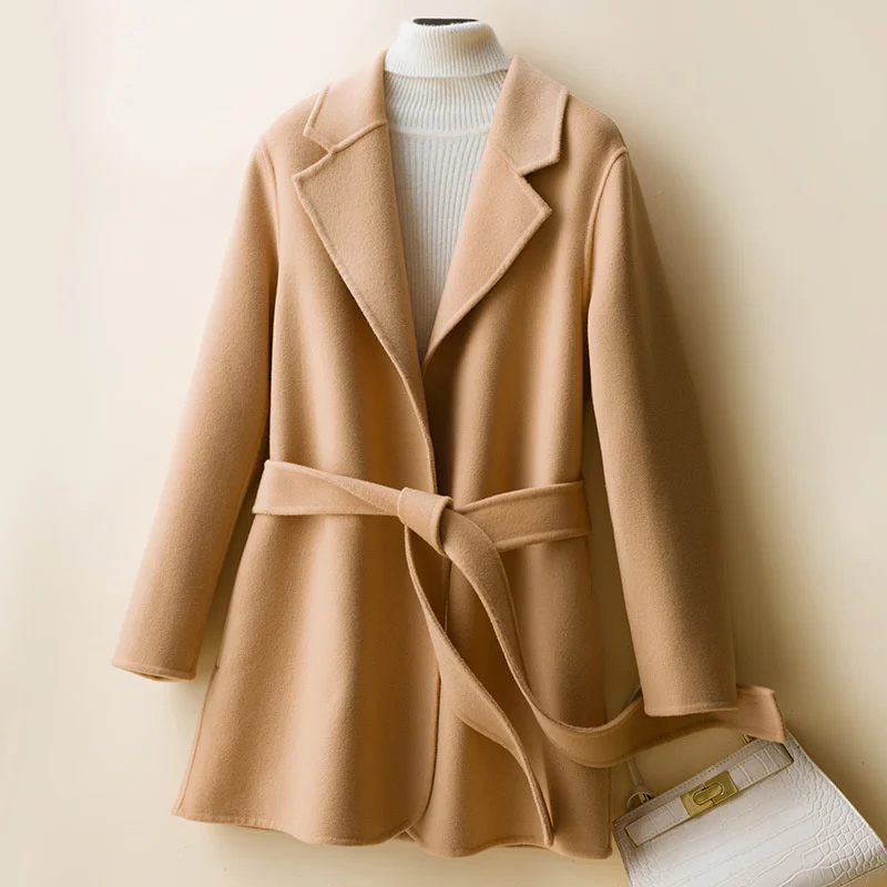 

Осенне-зимнее новое пальто из 100% шерсти женское модное приталенное двухстороннее шерстяное пальто с поясом средней и длинной длины