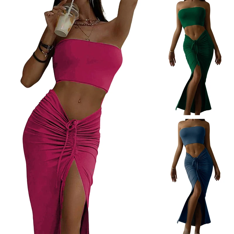

Kayotuas Women 2Pcs Dress Suit Sexy Sleeveless Tanks Camis Vest Crop Tops+Sheath Split Pleated Drawstring Skirt Sets