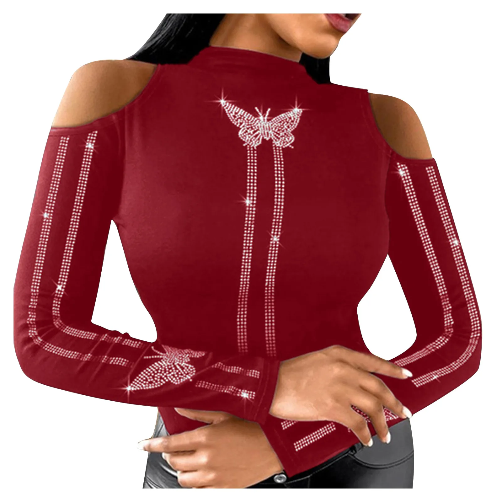 

Spring Butterfly Studded Diamond Collar Plain Sleeved Long Sleeves Woman Tshirts For Women Summer Женские Футболки Футболка