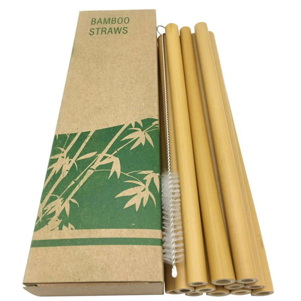 

Useful 10pcs/set Bamboo Drinking Straws Reusable Eco-Friendly Party Kitchen + Clean Brush