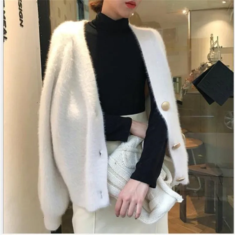 

Soft Autumn Winter Women Sweater Cardigan Mink Wool Knitted Coats Lady2019Short Knitted Tops Jumper Button V-Neck Knitwear M198