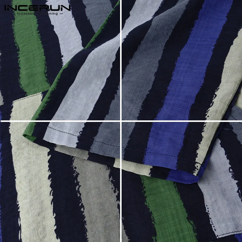 

Men Striped Muslim Robe INCERUN Hooded V Neck Islamic Abaya Clothing Casual 3/4 Sleeve Pockets Jubba Thobe Vintage Men Robes 5XL