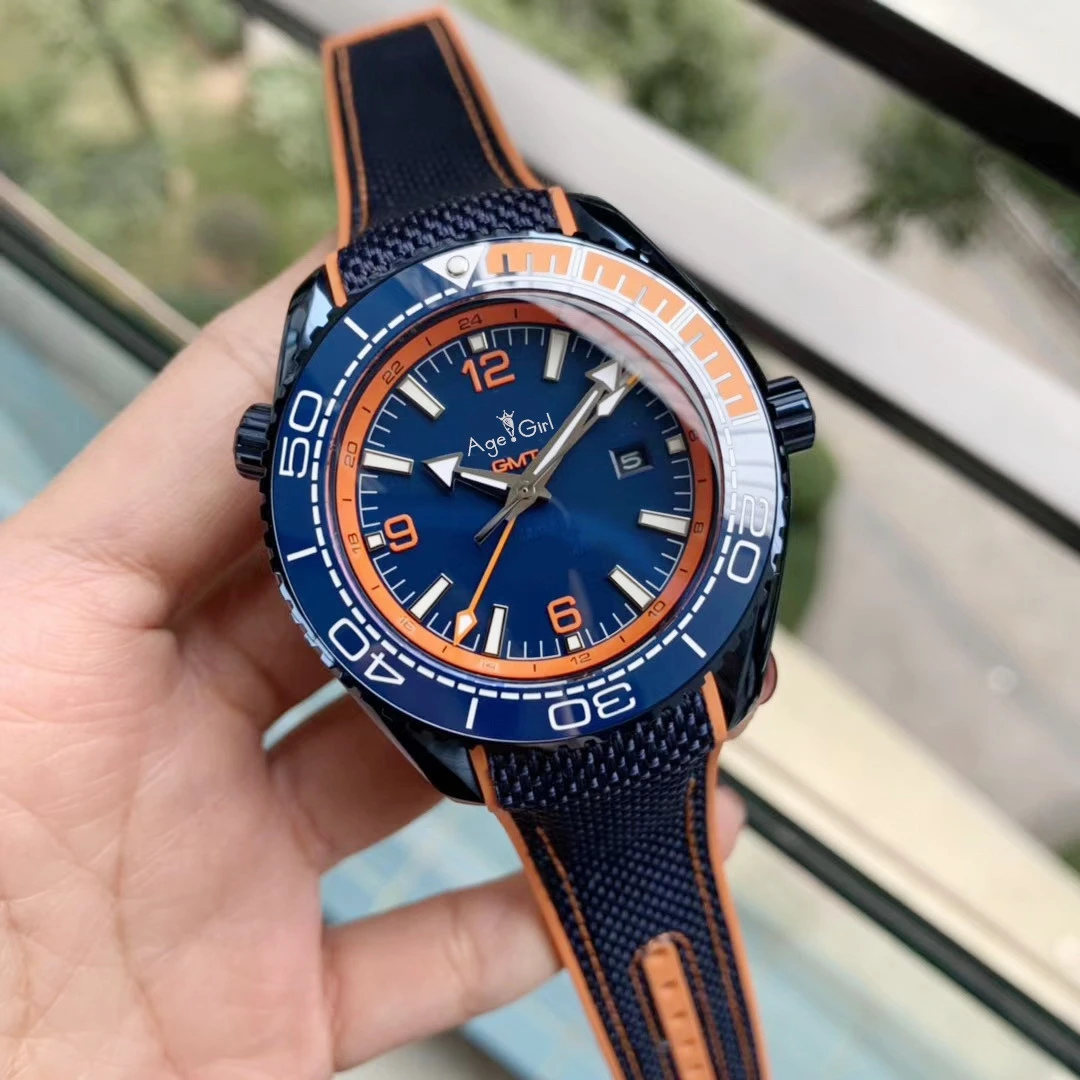 

Classic New Men Automatic Mechanical Watch Independent GMT Luminous Red Blue Ceramic Sapphire Black Canvas Rubber Leather