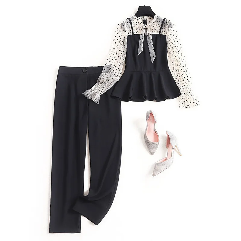 

Women fashion 2020 spring trousers two piece set cute bow collar dot mesh patchwork ruffles tops + long pant suit blue black
