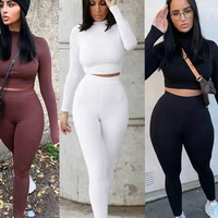 2022 fall winter women sport fitness 2 two piece set outfits long sleeve solid crop tops leggings pants set bodycon tracksuit
