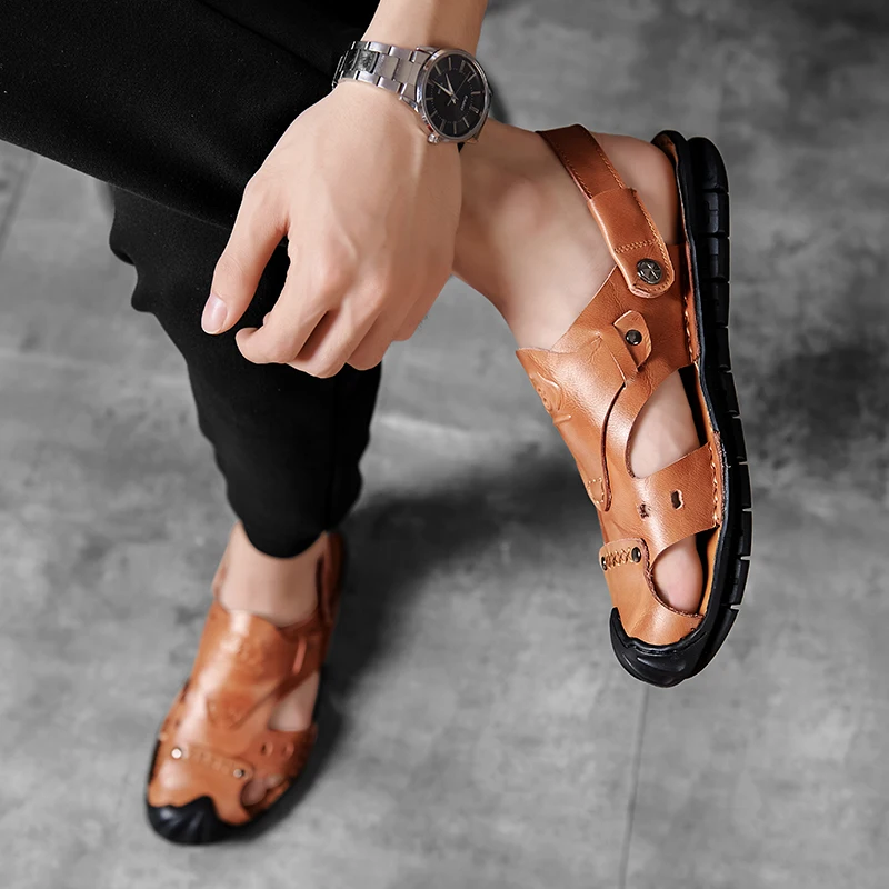 

Mens Sandals Comfort Sandalhas Masculina Mens Slip On Sandals Walking Men Summer Shoes Leather Genuine For Sandal