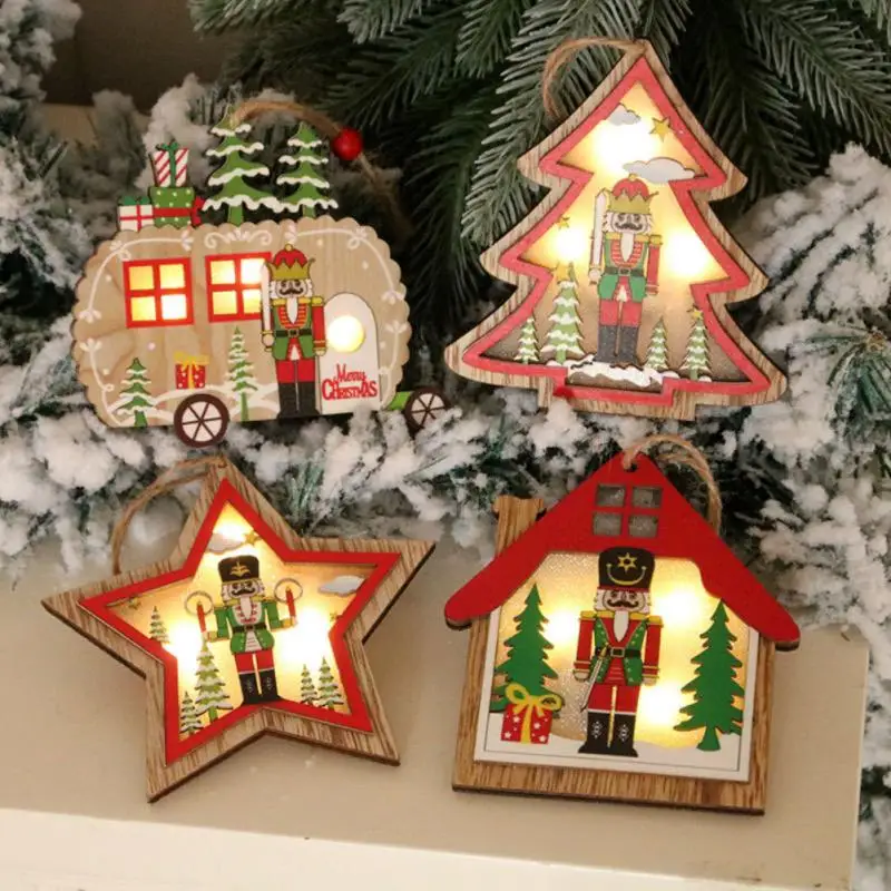 

Christmas Decorations Christmas Tree Luminous Hanging Pendant Night Light Wooden Colorful Walnut Soldier Doll Home Xmas Supplies