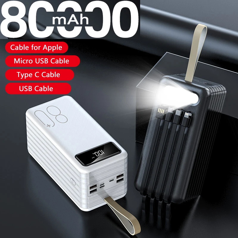 

80000mAh Power Bank for iPhone Xiaomi Huawei Samsung Powerbank Built in Cable Portable Charger External Battery Pack Power Bank