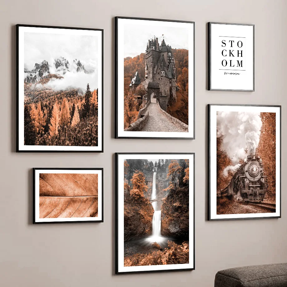 

Wall Art Canvas Painting Castle Train Town Pine Mountain Leaf Nordic Posters Prints Wall Picture For Living Room Fall Decoration