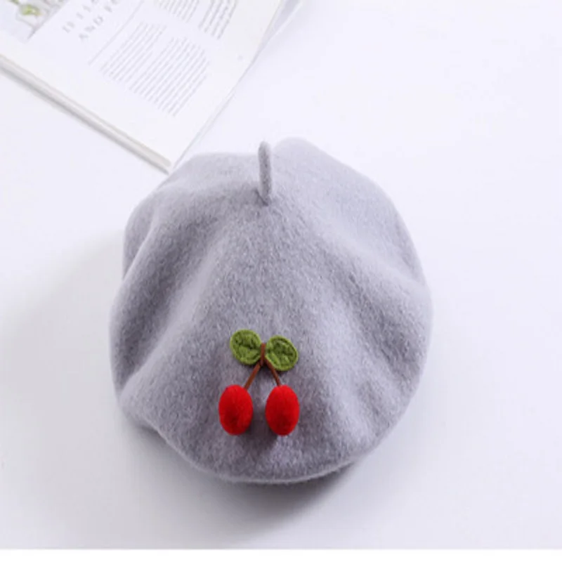 Cherry Beret  Children’s Child’s 2-6 Autumn Winter Warm Girl Pure Color Cute Japanese Style Handmade Fashion Painter Berets Kids Hats Headwear for Girls Toddlers in Gray grey