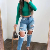2021 fashion new european and american womens cotton high stretch washed hole sexy slim jeans woman jeans high waisted