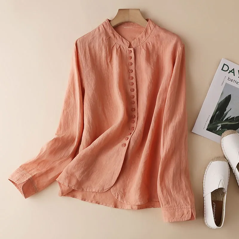 

Plus Size Women Cotton Linen Long Sleeve Shirts New 2020 Autumn Vintage Solid Color Stand Collar Female Loose Casual Tops P1766
