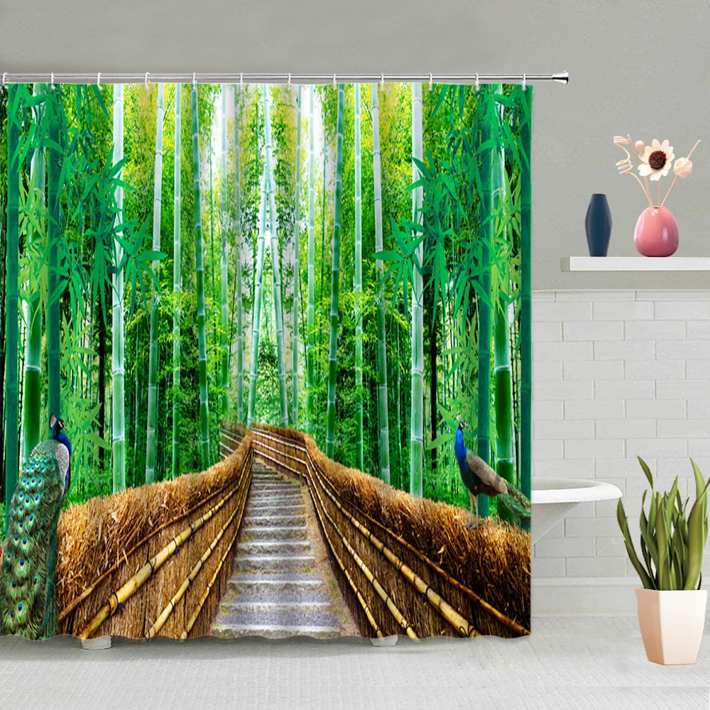 

3D бамбуковая душевая занавеска с зелеными листьями, растениями, павлином, украшение для ванной комнаты с животными, экран моющийся с крючка...