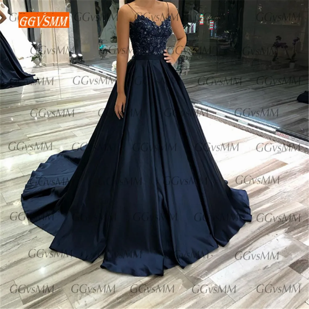 

Fashion Dark Navy Evening Dresses 2021 robe de soirée femme Satin Appliqued Beading vestidos de fiesta de noche Women Party Gown
