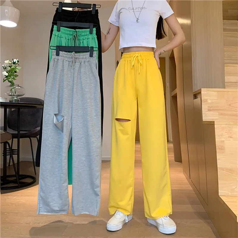 

Women pants summer traf Korean version of solid color hole elastic drawstring harajuku Women pants casual sports pants for women
