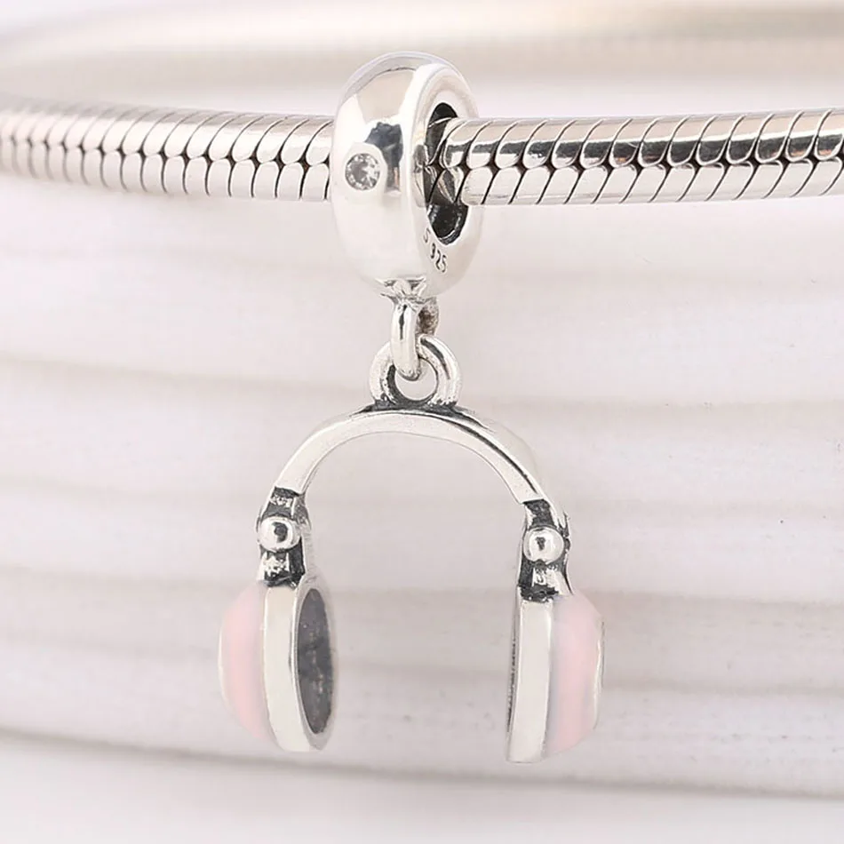 S925 кулон DIY Ювелирные изделия эмаль Розовые наушники болтаются Шарм подходит