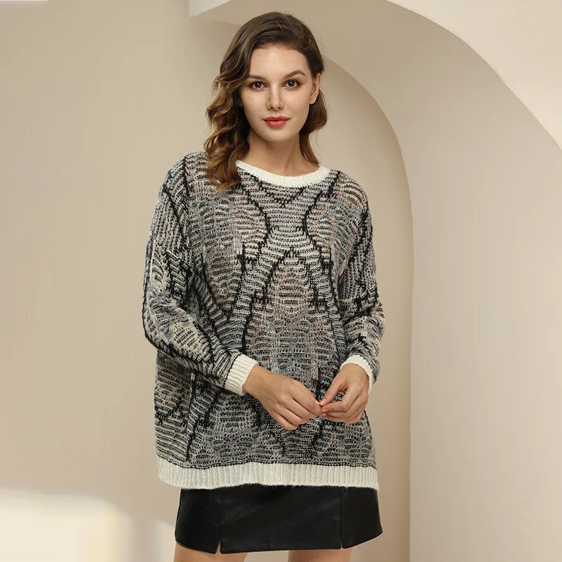 

High Quality Hot Diamond Sequin Sweater Women 2021 Autumn Winter New Geometric Pattern Round Neck Loose Long Sleeve Sweater Top