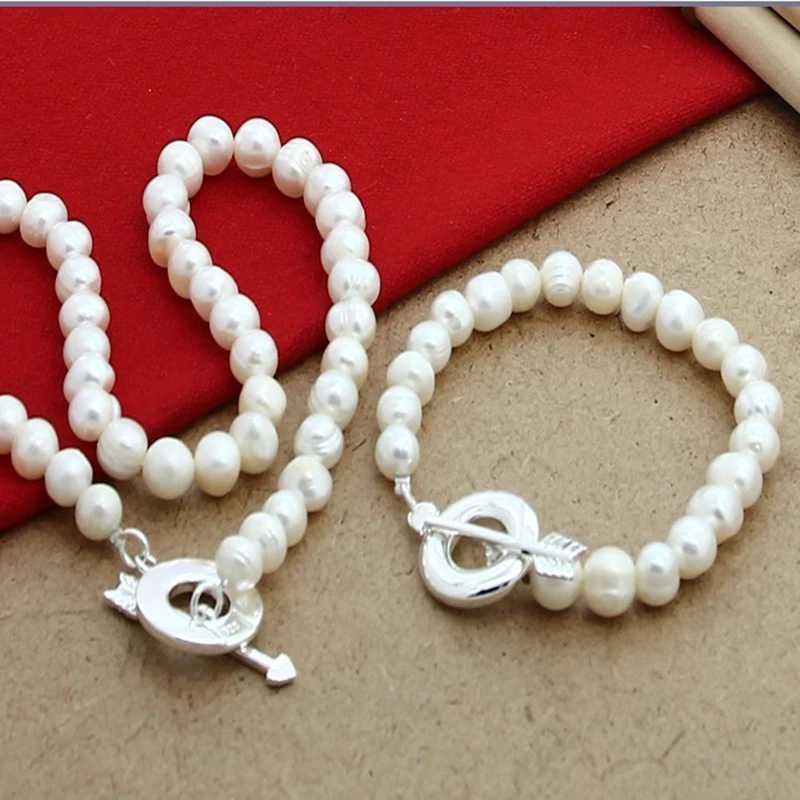 Женский комплект из ожерелья и браслета серебра 925 пробы с натуральным