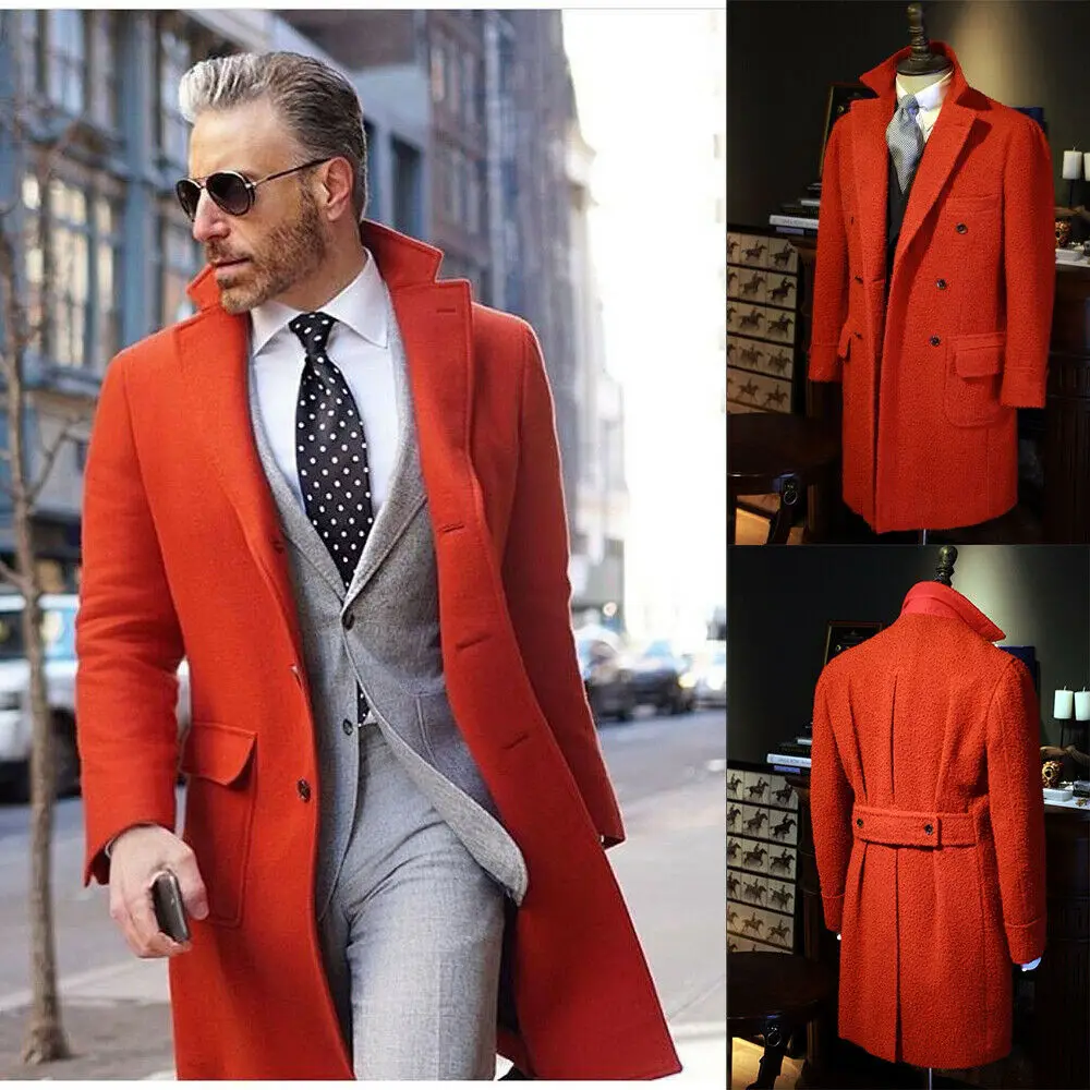 Men's Winter Red Double-breasted Long Coat Warm Commuter Outdoor Jacket Plus Long Windbreaker Wool Jacket