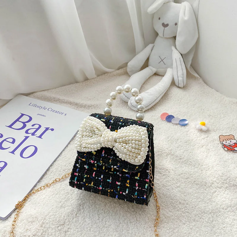 

2021 Kid Girls Shoulder Bag with Pearl Handle Fashion Bow Exquisite Hardware Lock PU Leather Crossbody Accessory Princess Bags