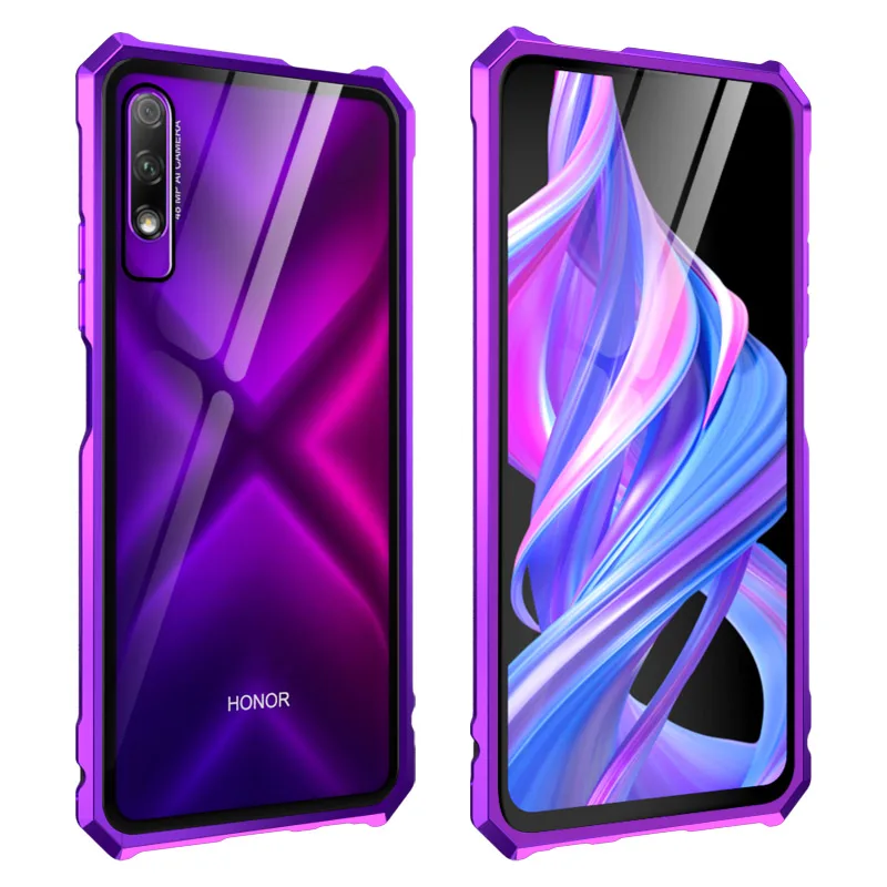 Фиолетовый OMEVE для huawei Honor 9X чехол с металлической рамкой и закаленным стеклом задняя крышка для huawei Honor 9X Pro Чехол Honor 9X бампер чехол - Цвет: Фиолетовый