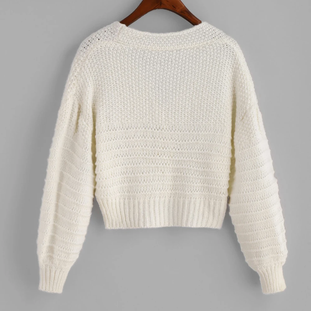 

ZAFUL Lantern Sleeves Chunky Crop Solid Cardigan For Women V-Neck Drop Shoulder Solid Color Button Up Short Sweater Casual