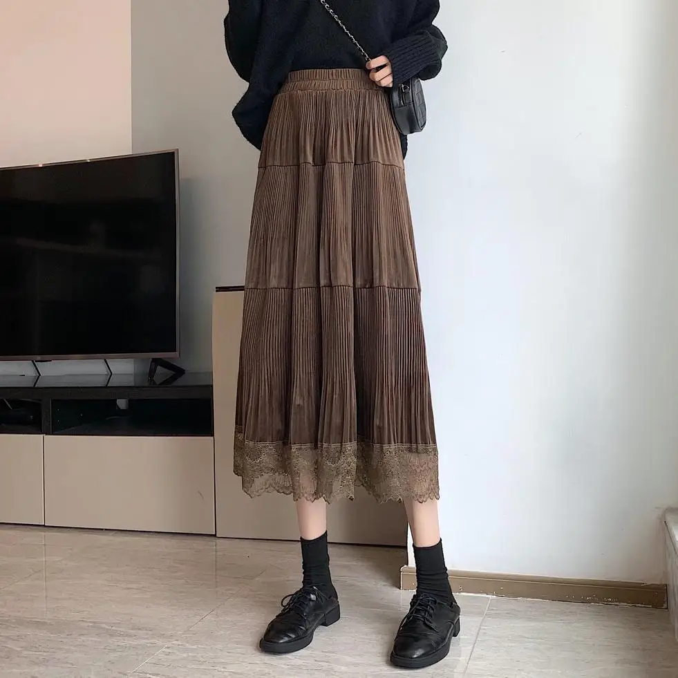 

JXMYY Autumn and winter models are thin pleated lace mesh stitching velvet pleated skirt womenT:1216