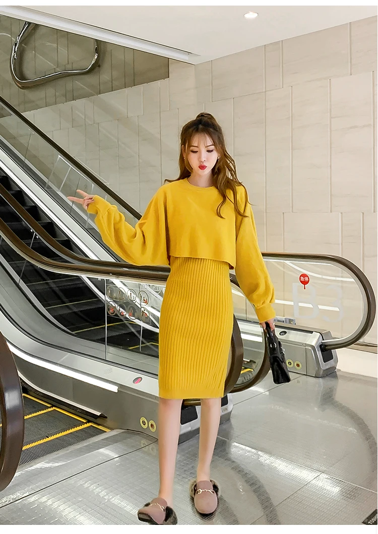 Осеннее платье OLN корейский vestidos Новое поступление Зимний трикотажный шерстяной костюм платье-свитер женский из двух предметов