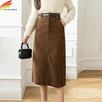 new 2021 winter corduroy skirt women with belt korean fashion high waist midi skirt black brown or khaki a line faldas mujer