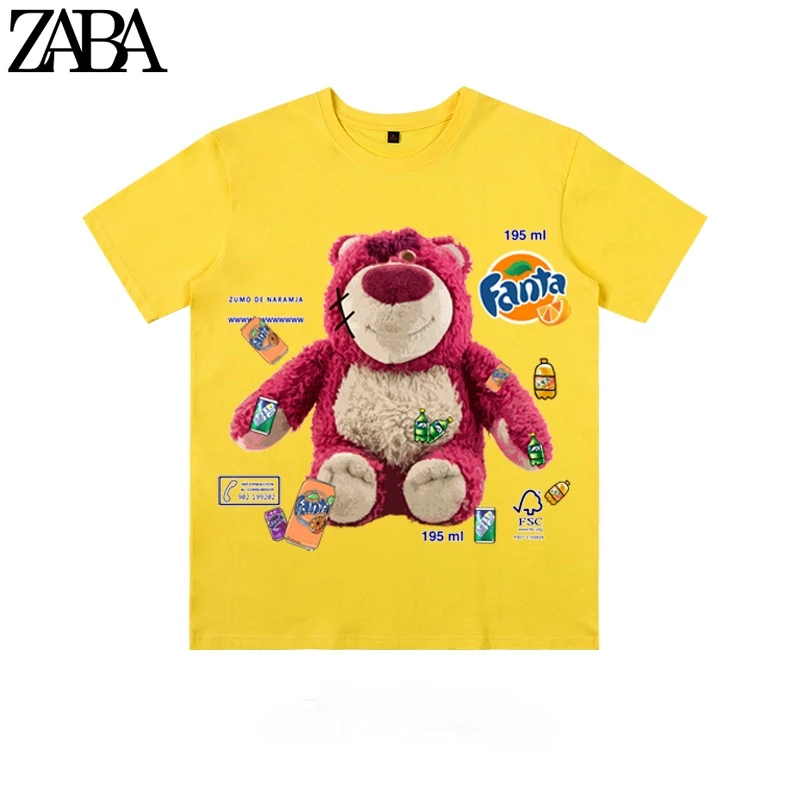 

ZABA Trend Oversize Cotton Hip Hop BF Korean Cute Bear Summer Couple Short Sleeve T-Shirt American Casual Funny T Shirts