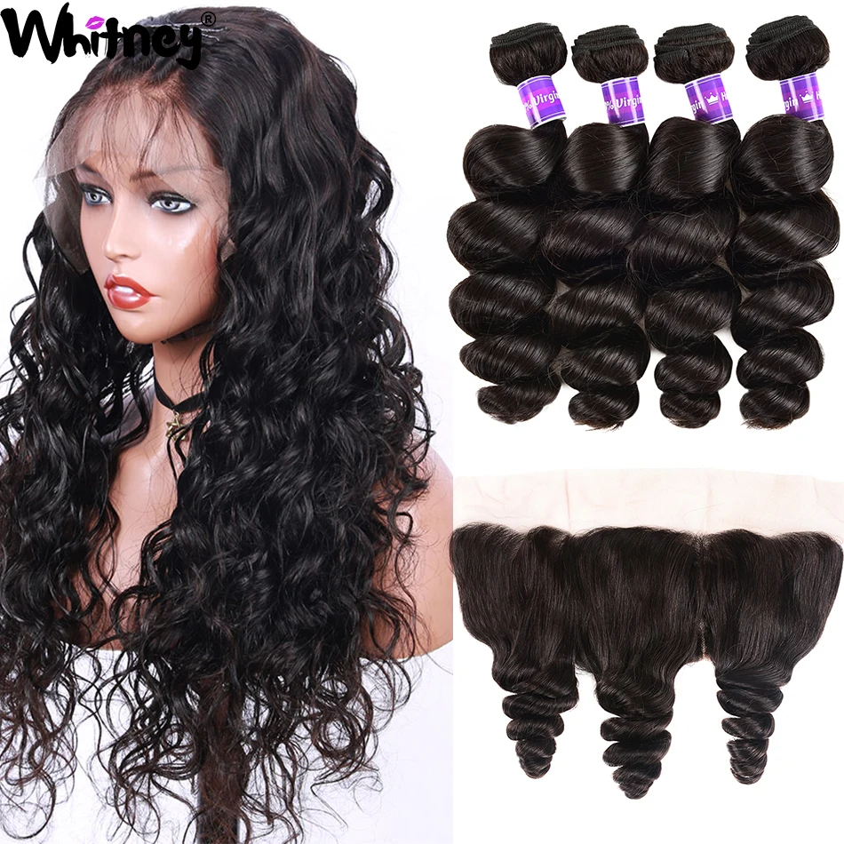 Peruvian Loose Wave Bundles With Closure 100% Remy Human Hair Free Middle Part Frontal With Bundles Transparent Lace Frontal