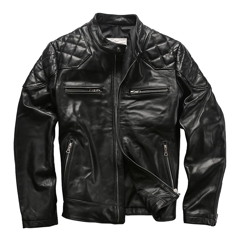 

Seveyfan 2021 Men Genuine Cowhide Leather Jacket Black Slim Motorcycle Biker Real Leather Jacket for Male R3353