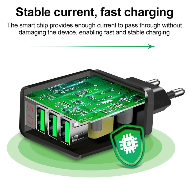 

LED Display EU 3-Port USB Charger 3A Mobile Phone USB Charger Fast Charging Wall qualcomm quick charger cell phone accessories